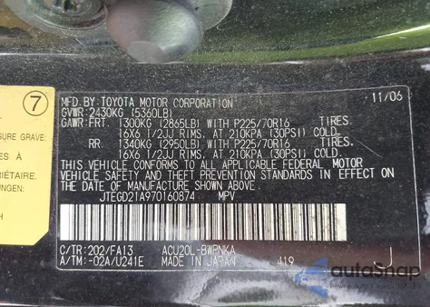 2007 Toyota Highlander z USA, uszkodzony, nr VIN JTEGD21A970160874